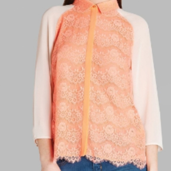 Ted Baker London Abra Lace Neon Coral Blouse - Picture 5 of 7